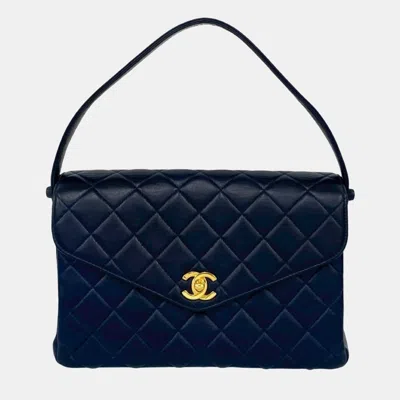 Pre-owned Chanel Vintage Double Face Medium Navy Lambskin Leather Shoulder Bag In Blue