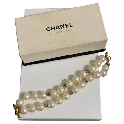 Pre-owned Chanel Vintage Double Strand Faux Pearl Bracelet With Gold Accents In Multiple