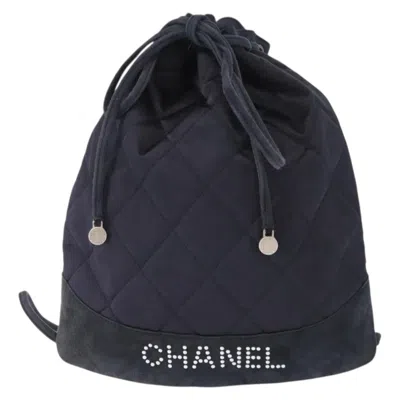 Pre-owned Chanel Vintage Drawstring Backpack Quilted Satin With Suede Navy Satin Backpack Bag () In Blue