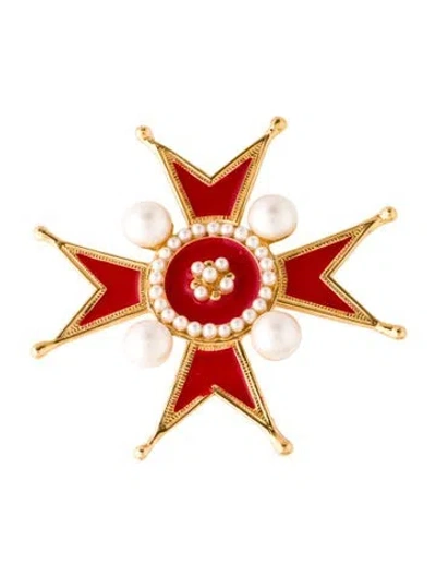 Pre-owned Chanel Vintage Faux Pearl & Enamel Maltese Cross Brooch In Multi