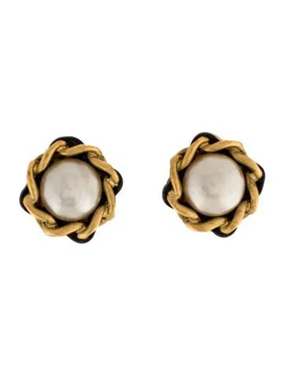 Pre-owned Chanel Vintage Faux Pearl & Leather Clip-on Earrings In Multi