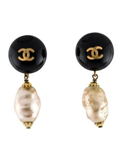 Pre-owned Chanel Vintage Faux Pearl & Resin Drop Clip-on Earrings In Black