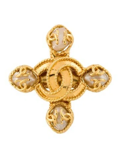 Pre-owned Chanel Vintage Faux Pearl Cc Cross Brooch In Multi