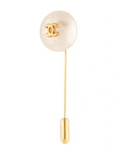 Pre-owned Chanel Vintage Faux Pearl Cc Pin In White