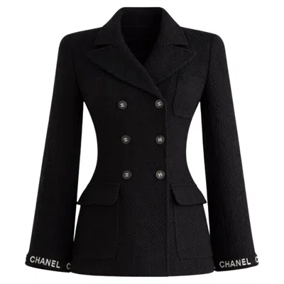 Pre-owned Chanel Vintage F/w 1995 Black White Logo Tweed 95a Jacket
