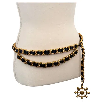 Pre-owned Chanel Vintage Gold Chain Belt With Black Leather And Cc Nautical Wheel Charm