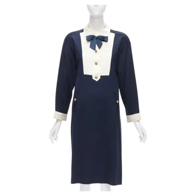 Pre-owned Chanel Vintage Gold Pearl Button Cream Navy Two Tone Wool Silk Dress Fr36 S In White