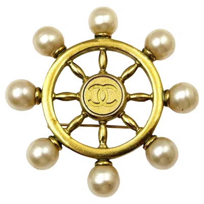 Pre-owned Chanel Vintage Gold Plated Sailor Wheel Pearl Brooch In Multi