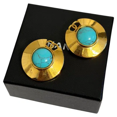 Pre-owned Chanel Vintage Gold Turquoise Stone Cc Clip On Earrings In Multiple