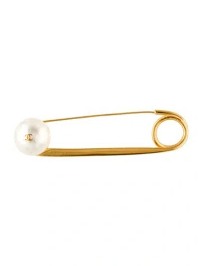 Pre-owned Chanel Vintage Gripoix Pearl Safety Pin Brooch In White