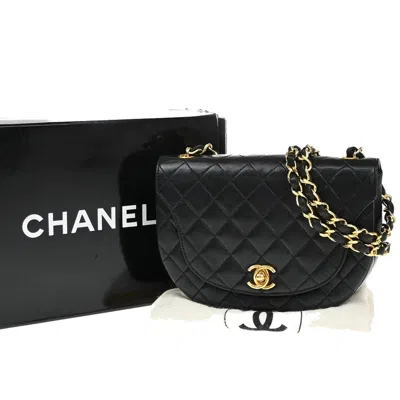 Pre-owned Chanel Vintage Half Moon Flap Bag Quilted Lambskin Leather Shoulder Bag Bag () In Black