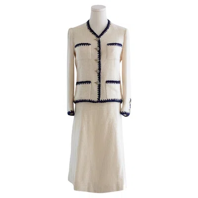 Pre-owned Chanel Vintage Haute Couture 1970s Blue Jasmine White Navy Tweed Jacket Suit