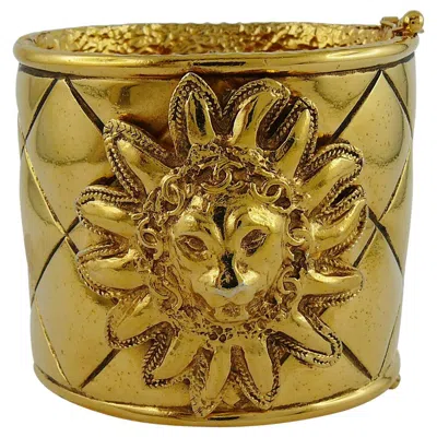 Pre-owned Chanel Vintage Iconic Quilted Cuff Bracelet With Applied Lion Head In Brown