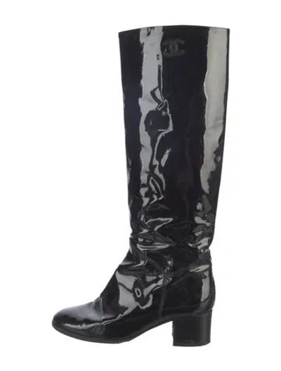 Pre-owned Chanel Vintage Interlocking Cc Logo Riding Boots In Black