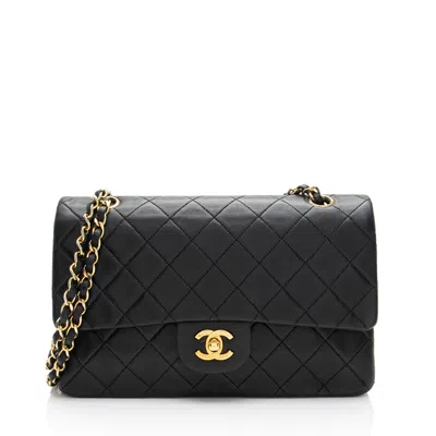 Pre-owned Chanel Vintage Lambskin Classic Medium Double Flap Bag In Black