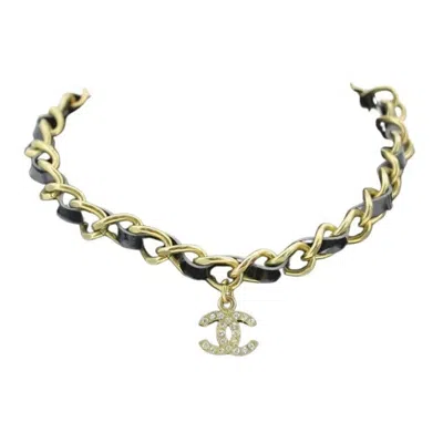 Pre-owned Chanel Vintage Leather & Crystal Cc Gold Chain Link Choker Necklace In Multiple