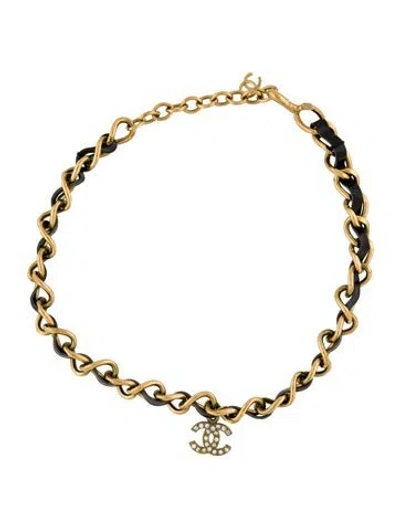 Pre-owned Chanel Vintage Leather & Strass Cc Choker Necklace, 15" In Multi