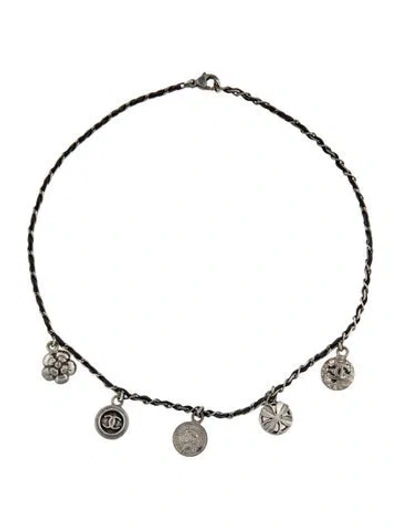 Pre-owned Chanel Vintage Leather Cc Charm Choker Necklace, 15" In Black