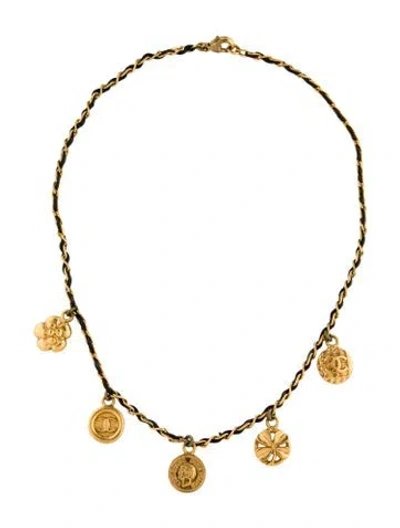 Pre-owned Chanel Vintage Leather Cc Charm Choker Necklace, 15" In Black