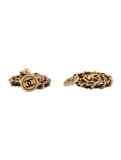 Pre-owned Chanel Vintage Leather Chain Cc Medallion Cufflinks In Black