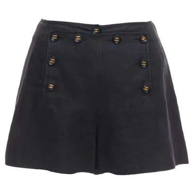 Pre-owned Chanel Vintage Linen Gold Cc Logo Buttons Sailor Shorts In Black