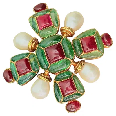 Pre-owned Chanel Vintage Maison Gripoix Ruby Emerald Maltese Cross Pearl Brooch Pendant In Green