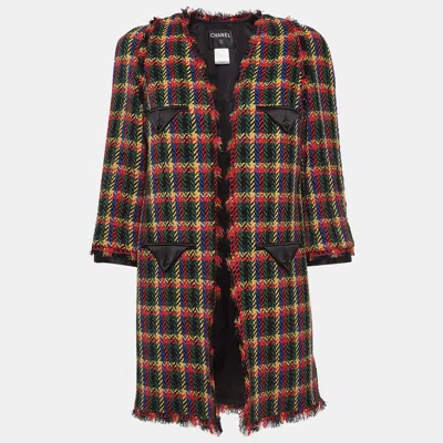 Pre-owned Chanel Vintage Multicolor Patterned Wool Blend Open Front Fringed Coat L