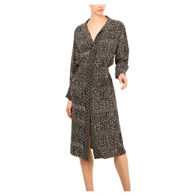 Pre-owned Chanel Vintage Navy Blue Grey Abstract Print Silk Gold Button Up Logo Midi Dress In Gray