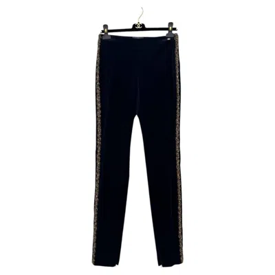Pre-owned Chanel Vintage Navy Velvet Pants Fr 36 With Multicolor Beaded Trim In Blue
