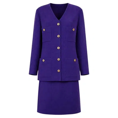 Pre-owned Chanel Vintage Noble Purple Tweed Suit With 64k Gold Cc Buttons 44 Fr