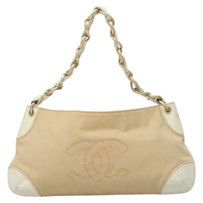 Pre-owned Chanel Vintage Olsen Cc Chain Shoulder Bag Canvas And Leather Canvas Bag () In Sand