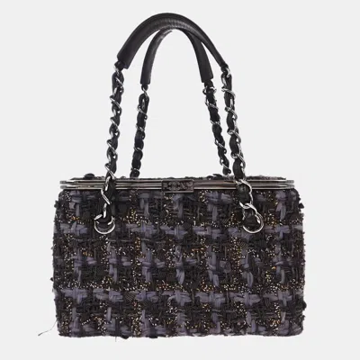 Pre-owned Chanel Vintage Paris -new York Medium Gray Tweed Leather Vanity Frame Box Bag In Grey