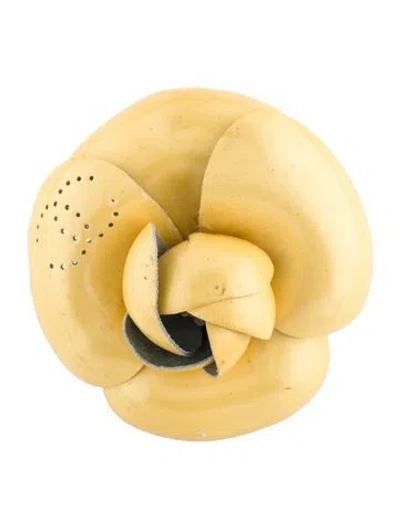 Pre-owned Chanel Vintage Patent Leather Camellia Brooch In Yellow