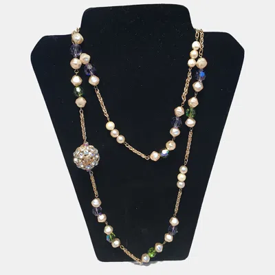 Pre-owned Chanel Vintage Pearl And Green And Purple Beaded Necklace With Crystal Ball