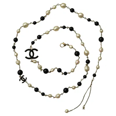 Pre-owned Chanel Vintage Pearl Black Bead Cc Logo Chain Belt 49.5" Made In Italy