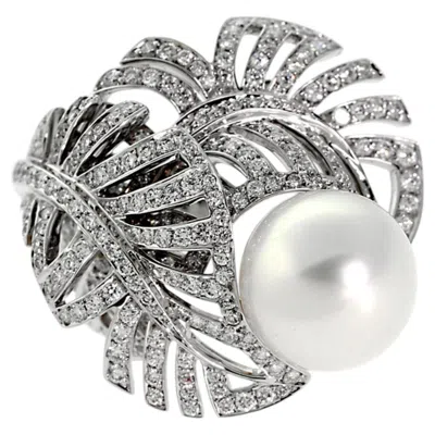 Pre-owned Chanel Vintage Pearl Diamond 18k White Gold Cocktail Ring Sz 6