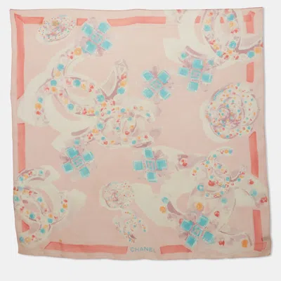 Pre-owned Chanel Vintage Pink Cc Jewel Print Silk Organza Scarf