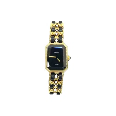 Pre-owned Chanel Vintage Premiere Watch Small Black Leather And 24kt Yellow Gold Plated