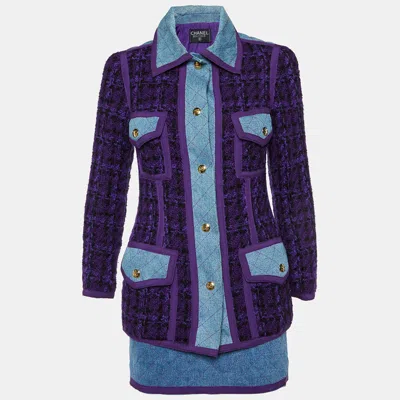 Pre-owned Chanel Vintage Purple Tweed And Denim Skirt And Jacket Set S