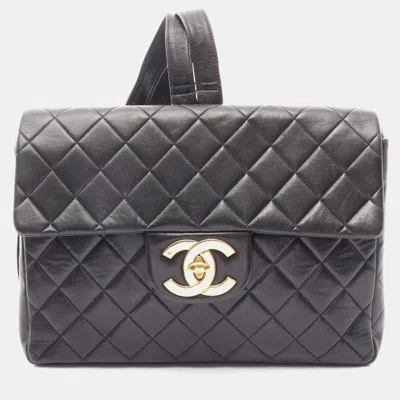 Pre-owned Chanel Vintage Quilted Jumbo Black Lambskin Leather Flap Backpack Bag