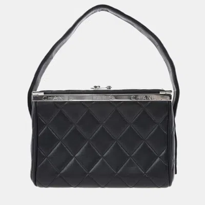 Pre-owned Chanel Vintage Quilted Karl Lagerfeld Metal Frame Small Black Lambskin Leather Top Handle Bag