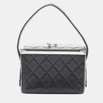 Pre-owned Chanel Vintage Quilted Small Black Lambskin Leather Metal Frame Top Handle Bag