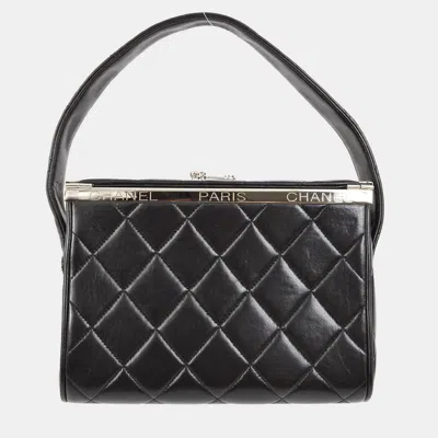 Pre-owned Chanel Vintage Quilted Small Black Lambskin Leather Metal Frame Top Handle Bag