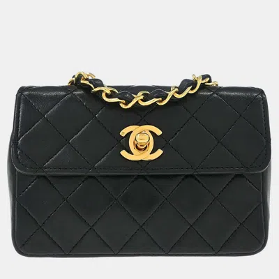 Pre-owned Chanel Vintage Quilted Straight Flap Extra Mini Black Lambskin Leather Shoulder Bag