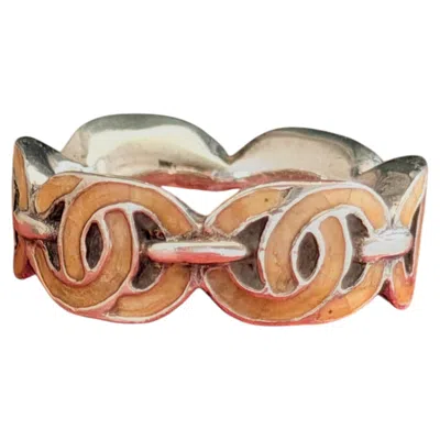 Pre-owned Chanel Vintage Rare 2000 Pink Orange Enamel Whole Logo Cc Coco Silver Ring