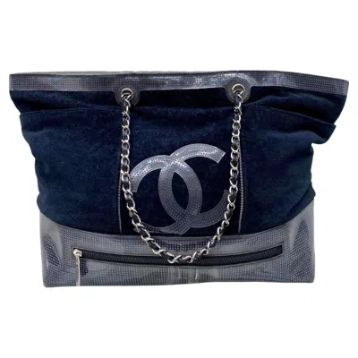 Pre-owned Chanel Vintage Rare  Plush Terry Cloth Maxi Weekender Travel Beach Shopper Tote In Black