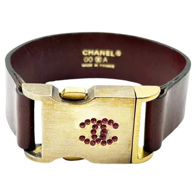 Pre-owned Chanel Vintage Rare Red Crystal Gold Buckle Leather Belt Bracelet