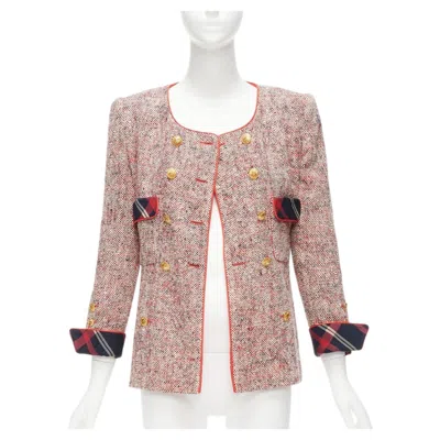 Pre-owned Chanel Vintage Red Boucle Tweed Gold Button Double Breasted Blazer Jacket Fr34