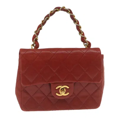 Pre-owned Chanel Vintage Square Chain Handle Flap Bag Quilted Lambskin Red Leather Handbag ()