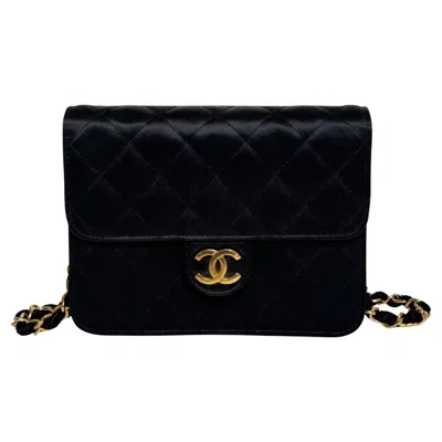 Pre-owned Chanel Vintage Square Wallet On Chain Black Silk Gold Hardware Crossbody Bag